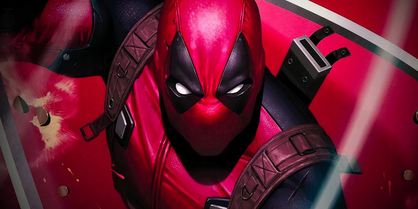 Close up of Deadpool as he leaps into action against a red backdrop. Image