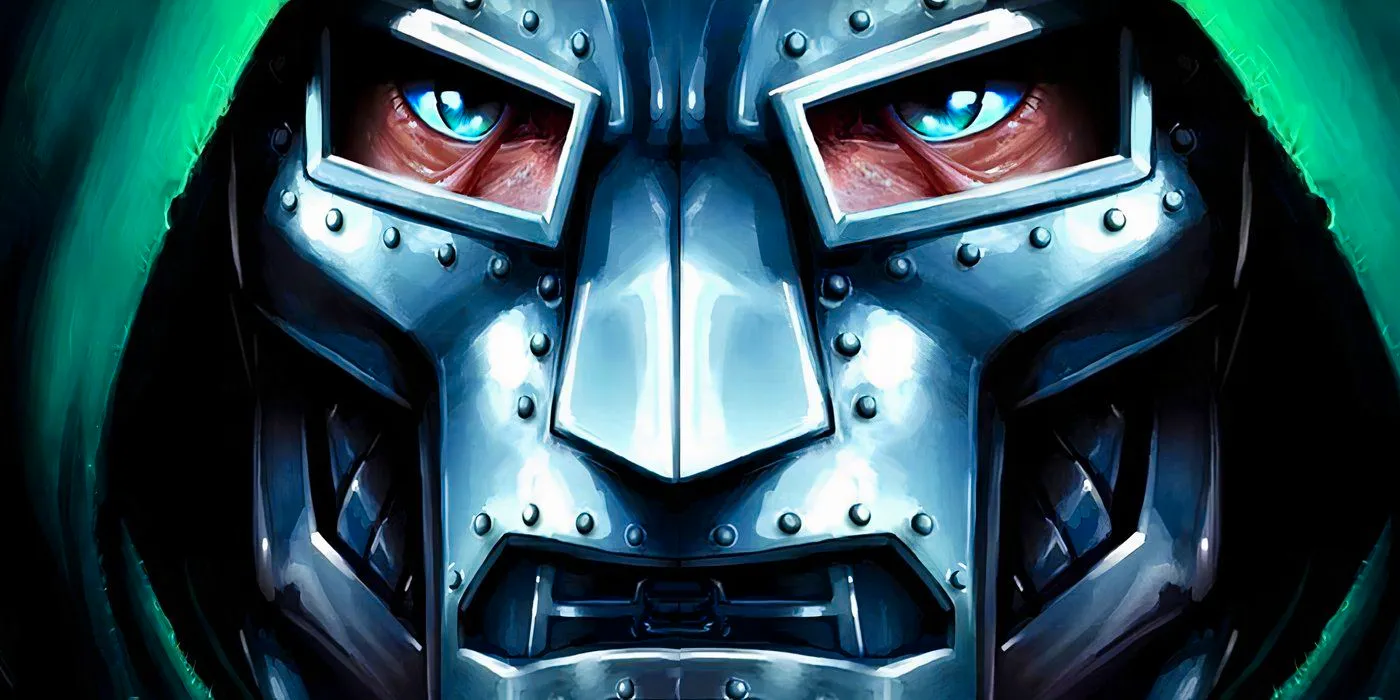 Close up of Doctor Doom, his eyes as piercing and steely as his iconic mask. Image