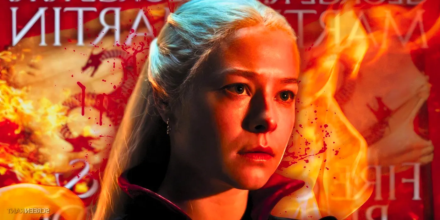 Close-up of Emma D'Arcy as Rhaenyra Targaryen in House of the Dragon with Fire & Blood book cover in the background Image