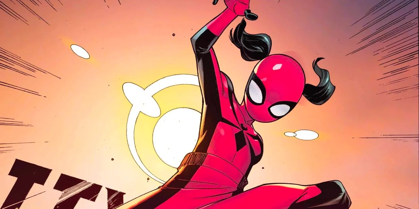 Close up of new Marvel Spider-character Spider-Girl swinging into action. Image