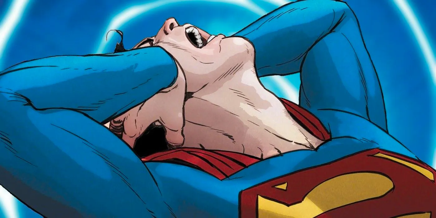 Close up of Superman clutching his head, as his super-hearing is overwhelmed Image