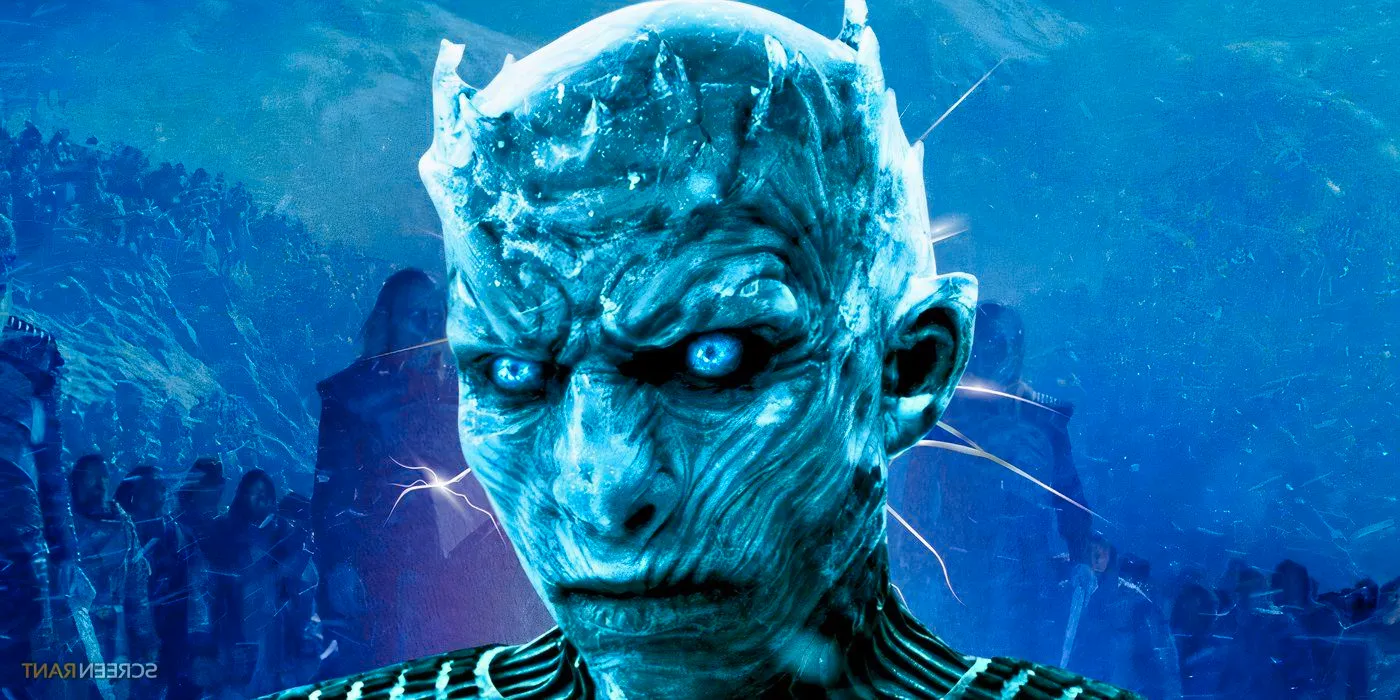 Close-up of the Night King in Game of Thrones, with White Walkers in the background Image