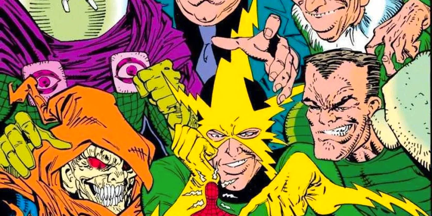 Close up of the original Sinister Six, Spider-Man villains including Electro, Hobgoblin, Mysterio, & more. Image