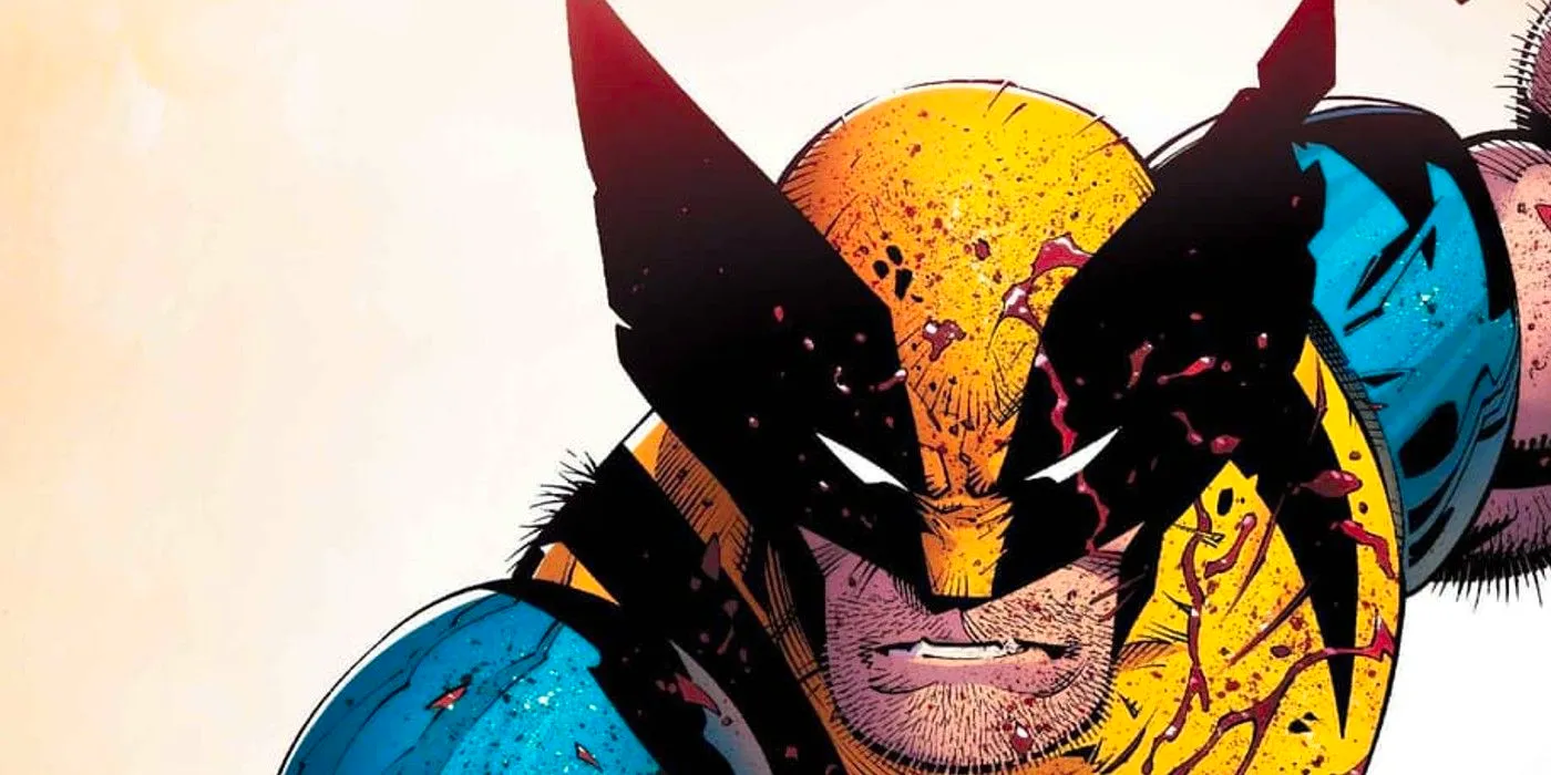 Close up of Wolverine in his iconic yellow & blue costume, splattered in blood. Image