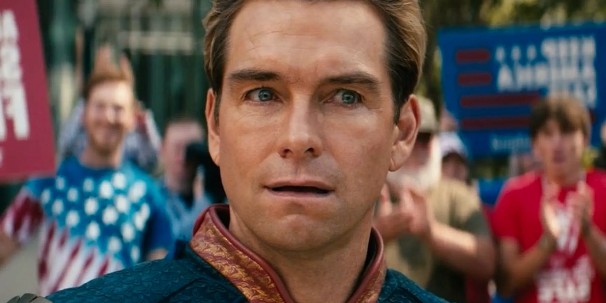 Closeup of Anthony Starr as Homelander, looking uneasy with his mouth open in The Boys Season 3 Image