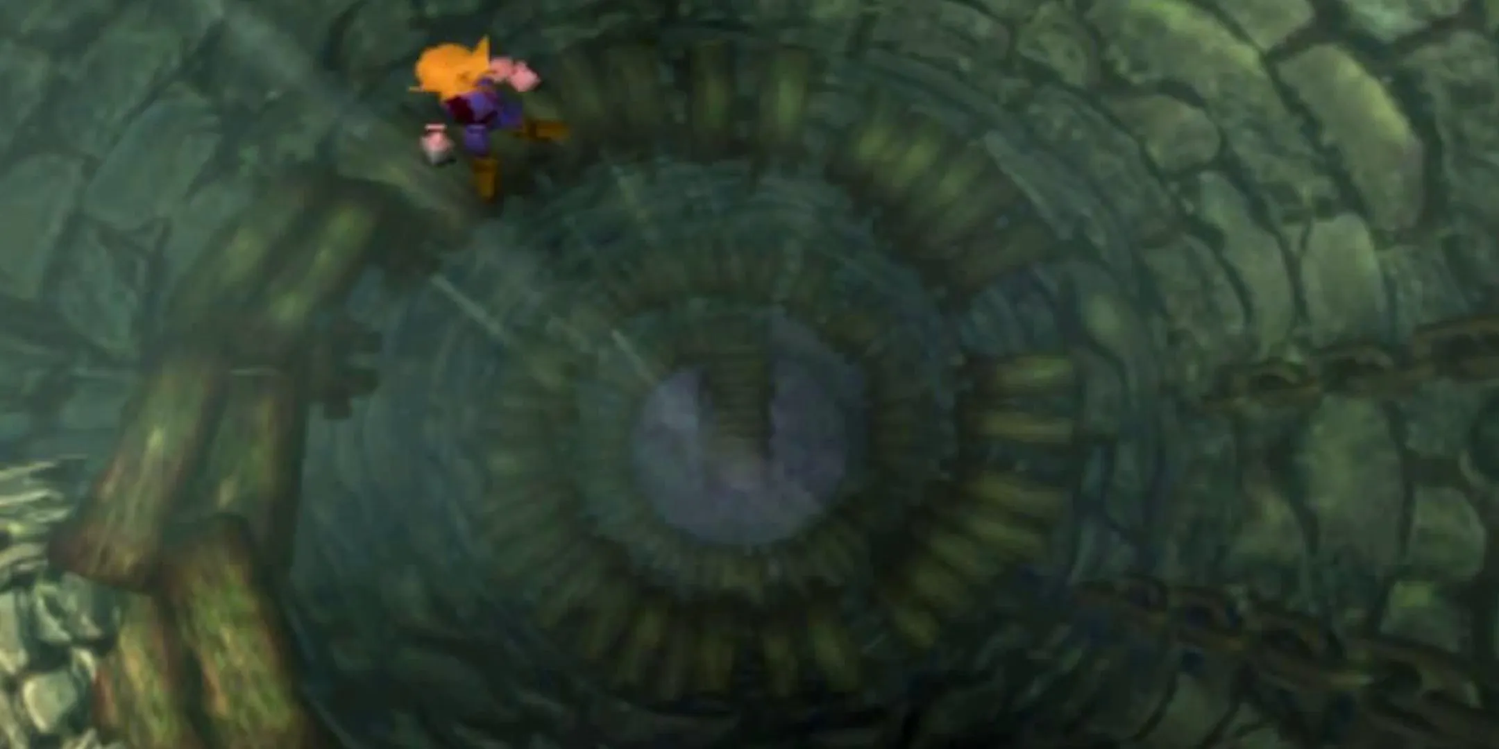 Cloud descending a spiral staircase in the original FF7. Image