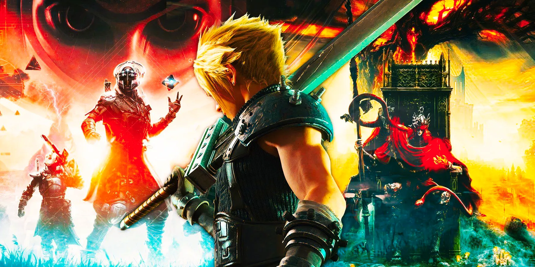 Cloud from Final Fantasy VII Rebirth with imagery from Elden Ring and Destiny 2 Image