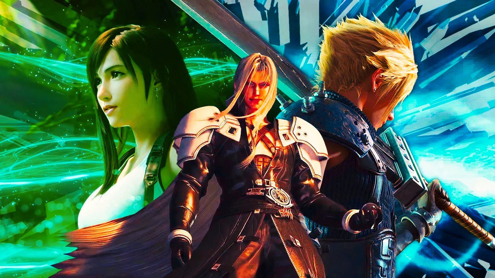 Cloud, Sephiroth, and Tifa with Buster Sword, Black Materia, and the Promised Land from Final Fantasy Remake Image