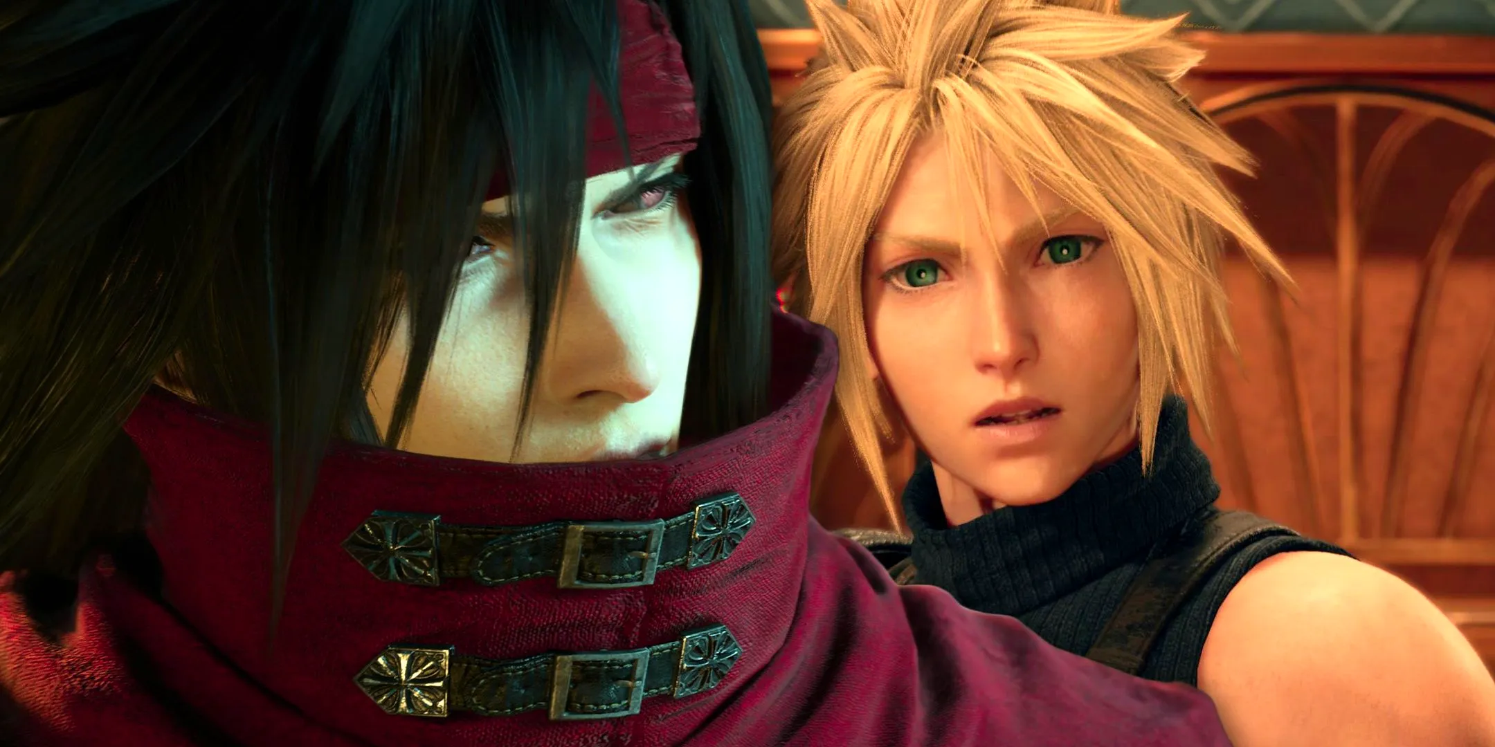 Cloud Strife looking surprised behind Vincent Valentine in FF7 Rebirth. Image