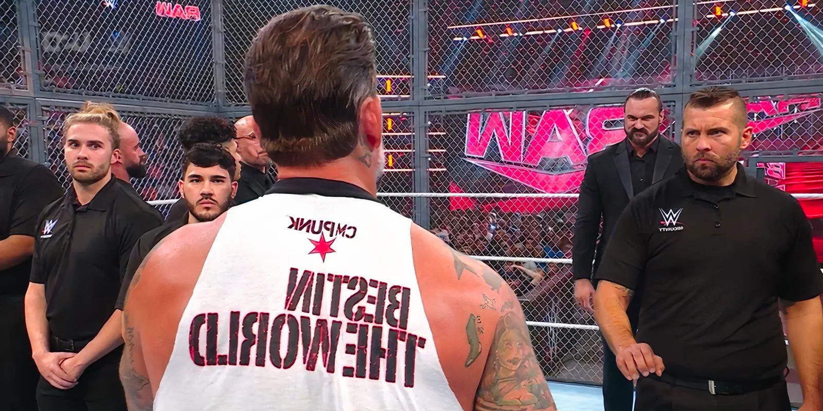 CM Punk and Drew McIntyre do a promo inside Hell In A Cell on Raw Image