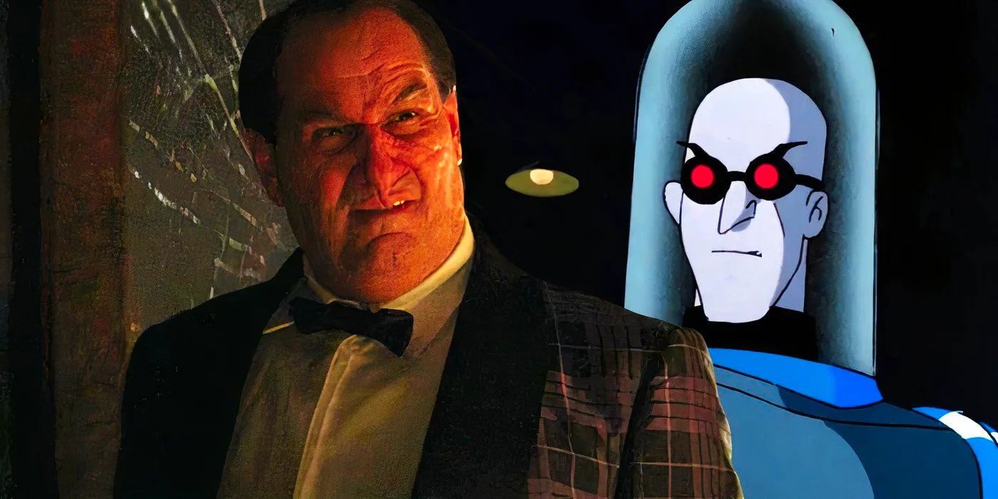 Colin Farrell in The Penguin (2024) as Oz Cobb next to Mr. Freeze in Batman: The Animated Series (1992-1995) Image