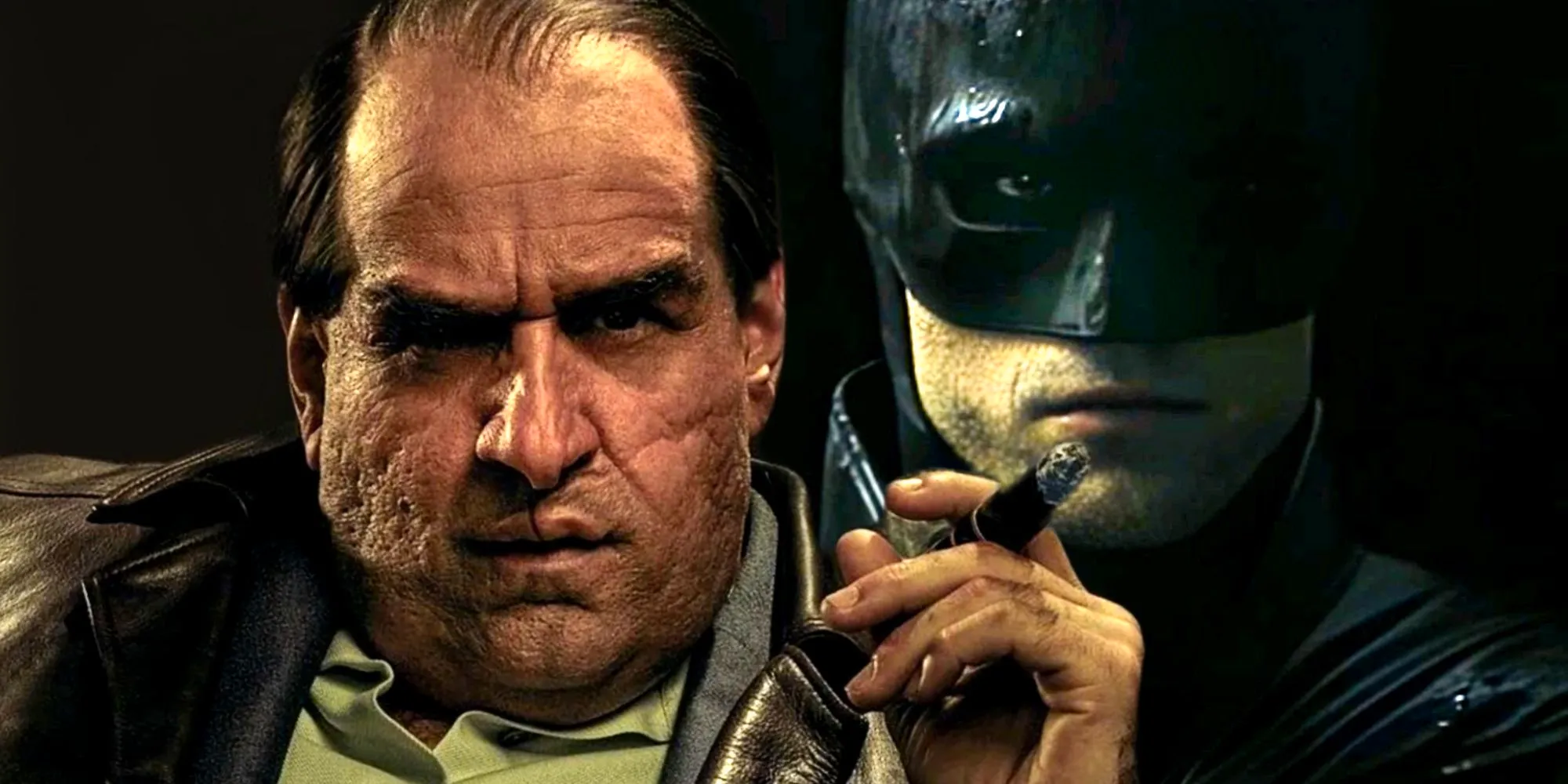 Colin Farrell's Oswald Cobblepot smoing a cigar in The Penguin and Robert Pattinson's Dark Knight brooding in The Batman Image