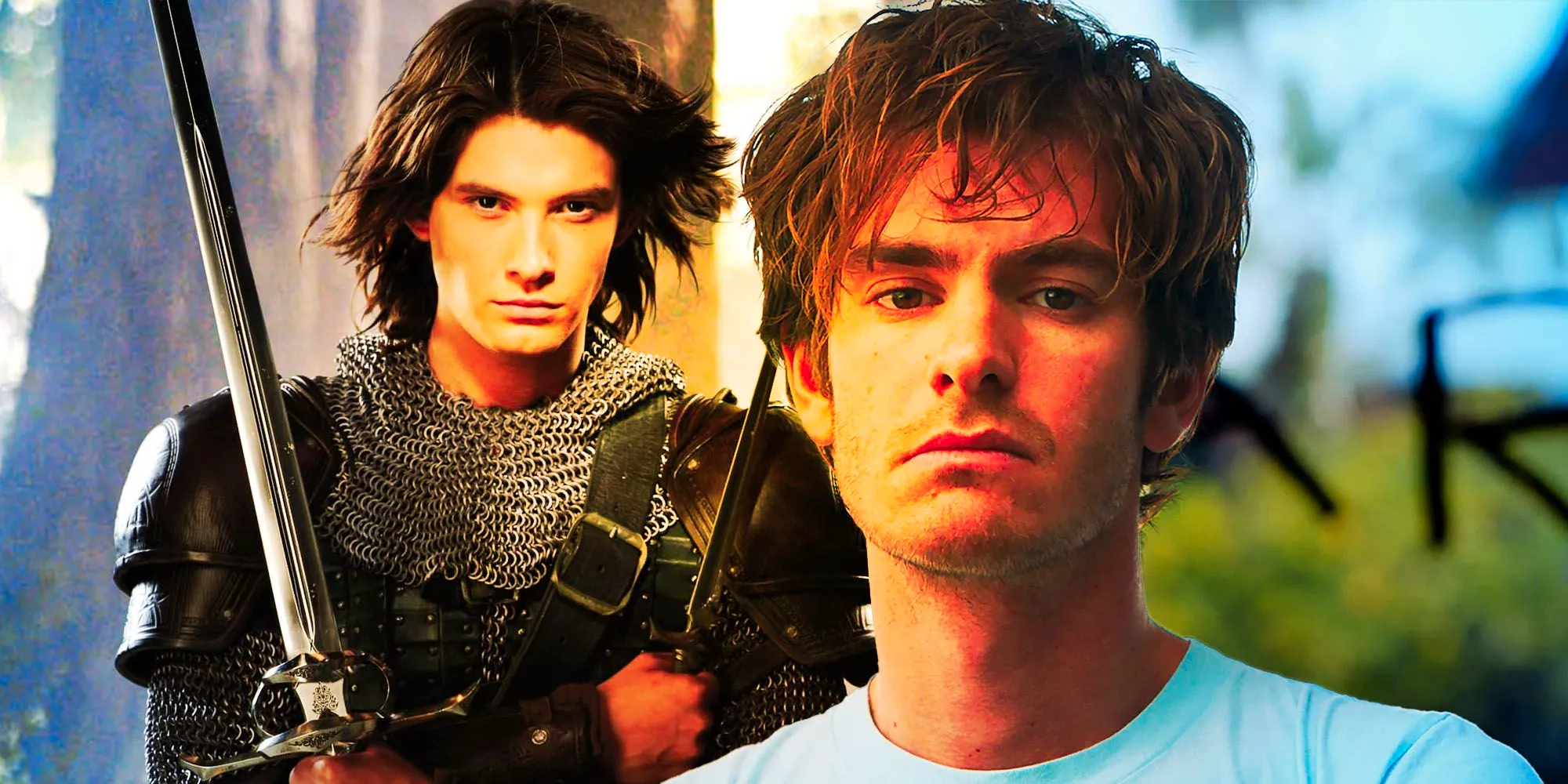 Collage image of Andrew Garfield on the left and Ben Barnes as Prince Caspian in the Chronicles of Narnia franchise on the right Image