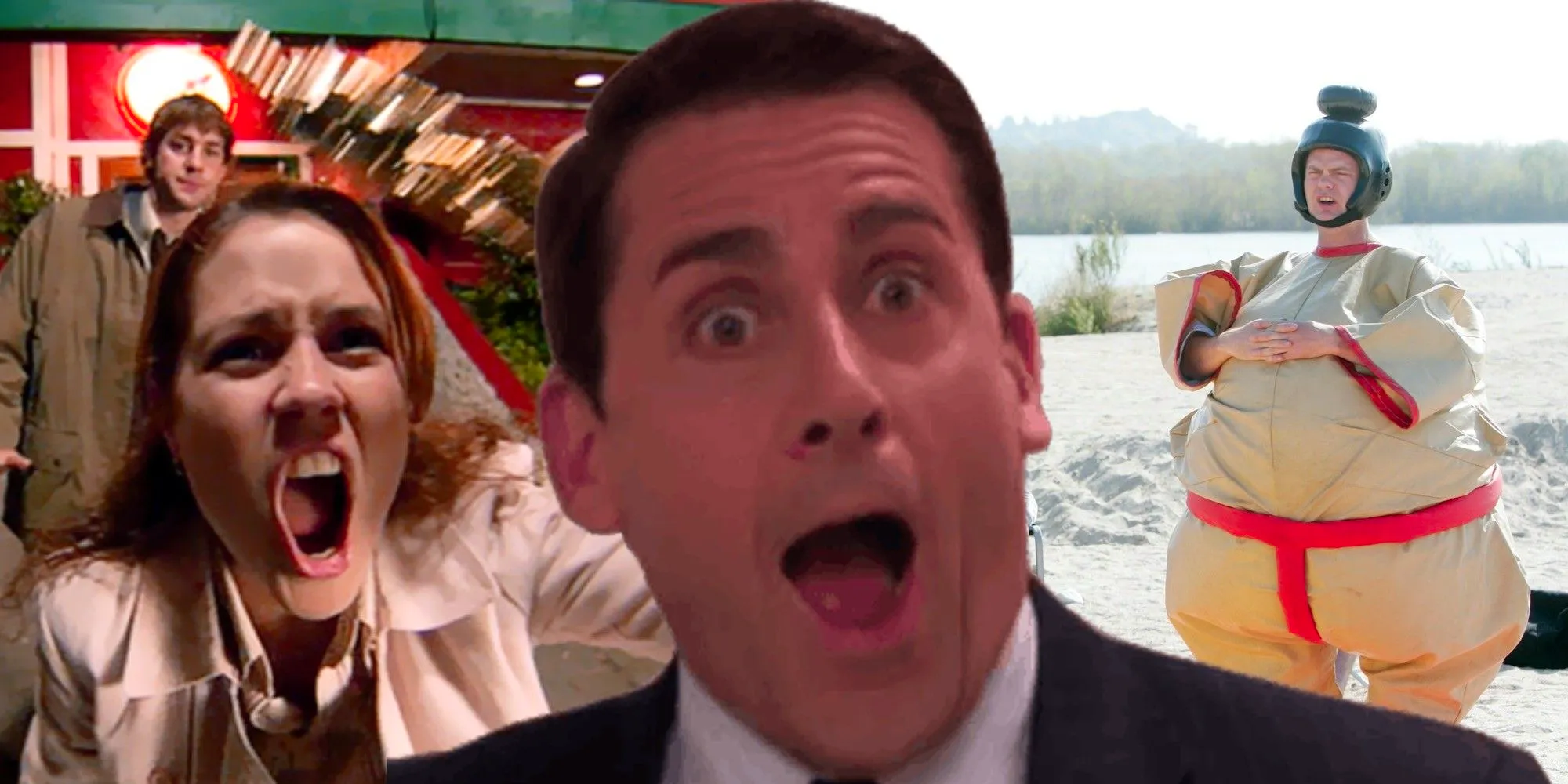 Collage image of Dwight in a sumo suit, Michael Scott looking happy and shocked and Pam screaming with her Dundee trophy as Jim looks on in The Officein The Office Image