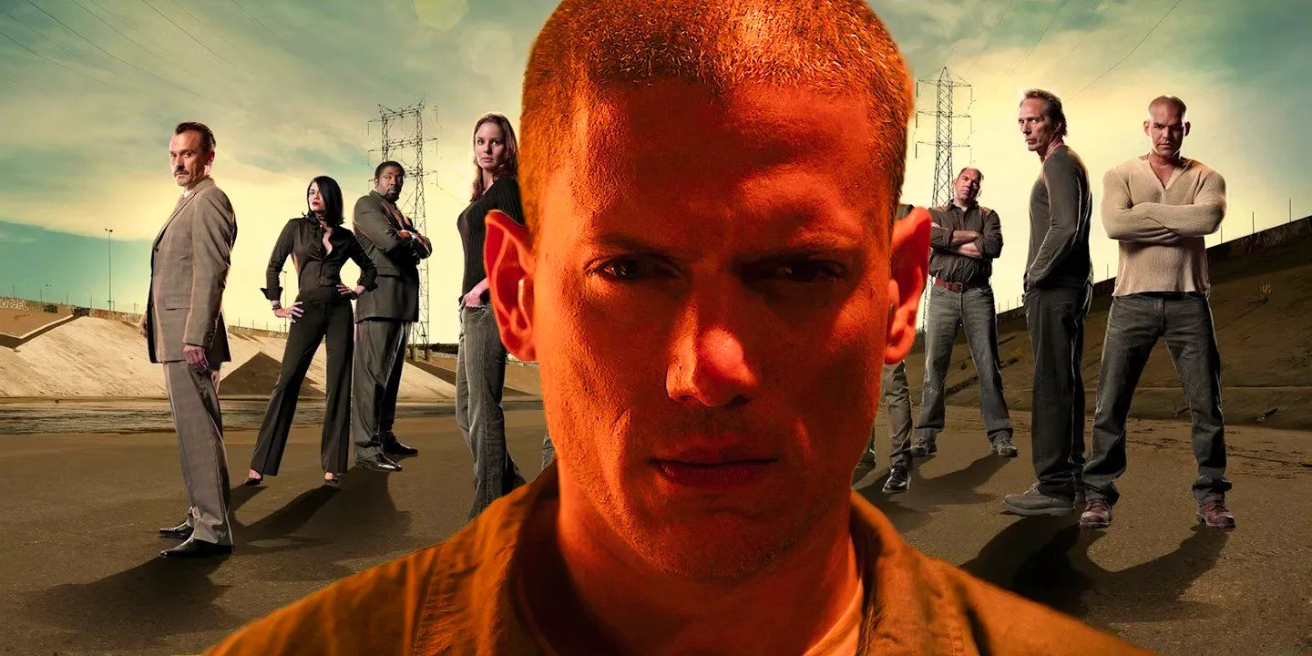 Collage of a closeup of Michael Scholfield in front of the cast of Prison Break Image