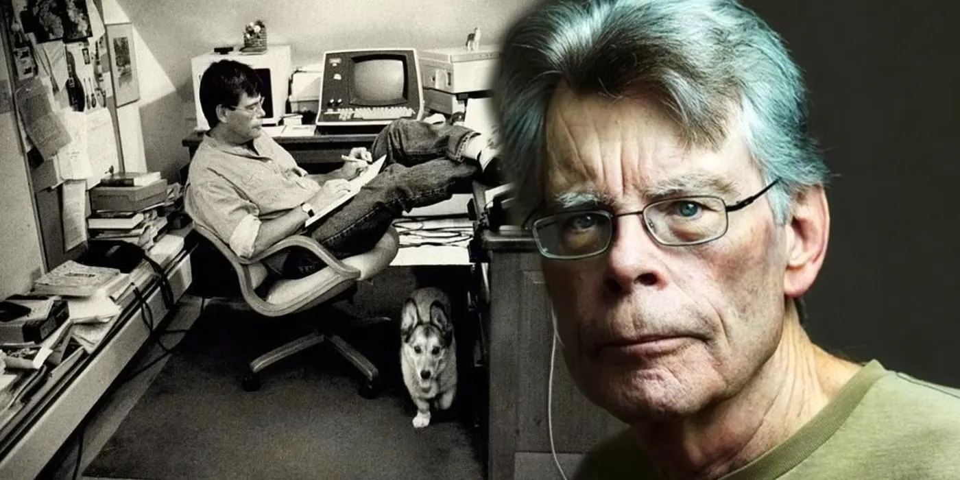 Collage of a closeup of Stephen King ad of him writing at his desk Image