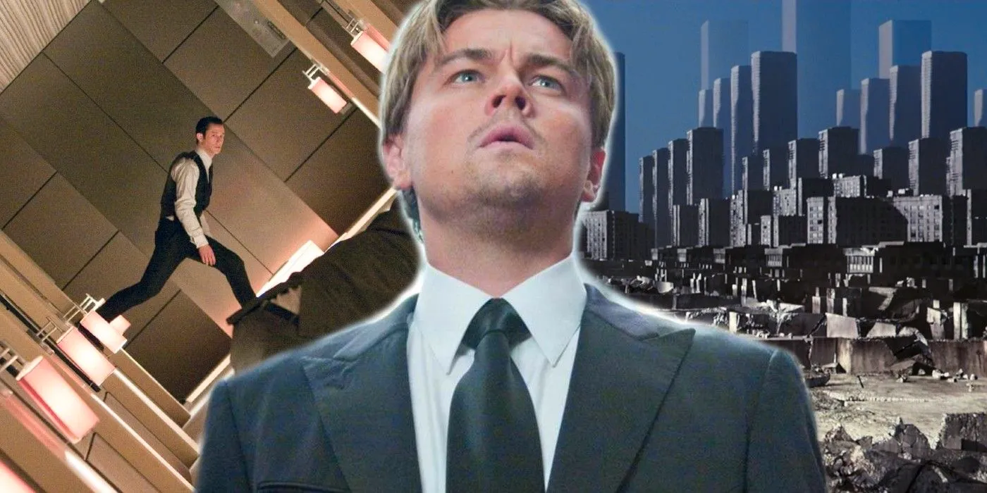 Collage of a dream city, Leonardo DiCaprio, and Arthur walking on revolving walls in Inception Image