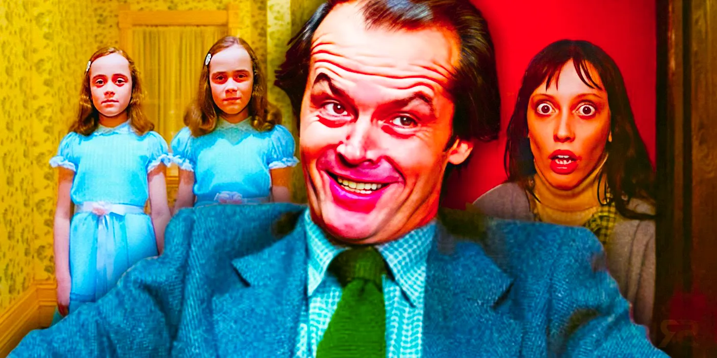 Collage of a scared Wendy, Jack laughing, and the Grady Girls from The Shining Image