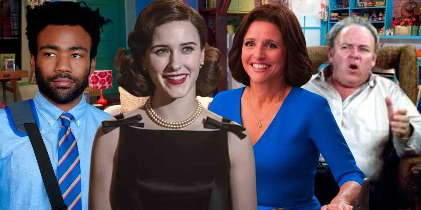 Collage of All in the Family, Veep, The Marvelous Mrs. Maisel and Atlanta Image