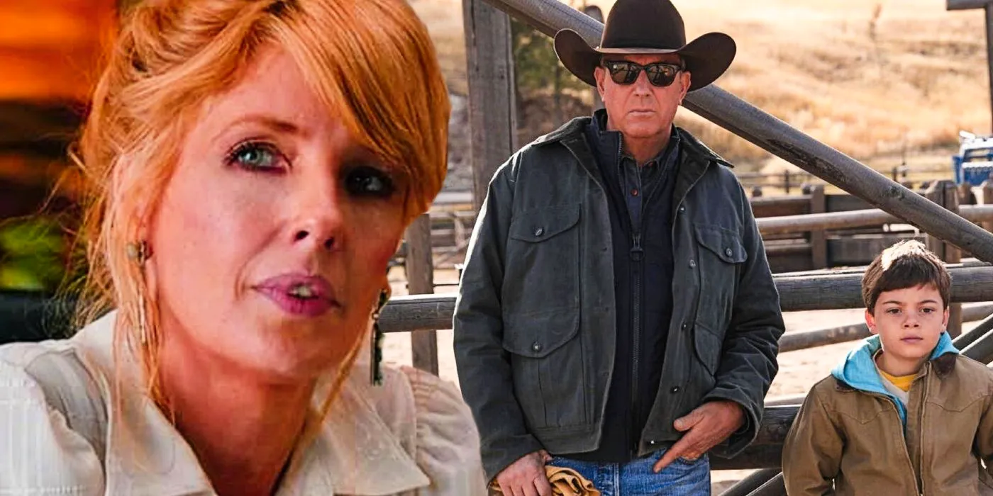 Collage of Beth (Kelly Reilly), John (Kevin Costner), and Tate (Brecken Merrill) in Yellowstone. Image