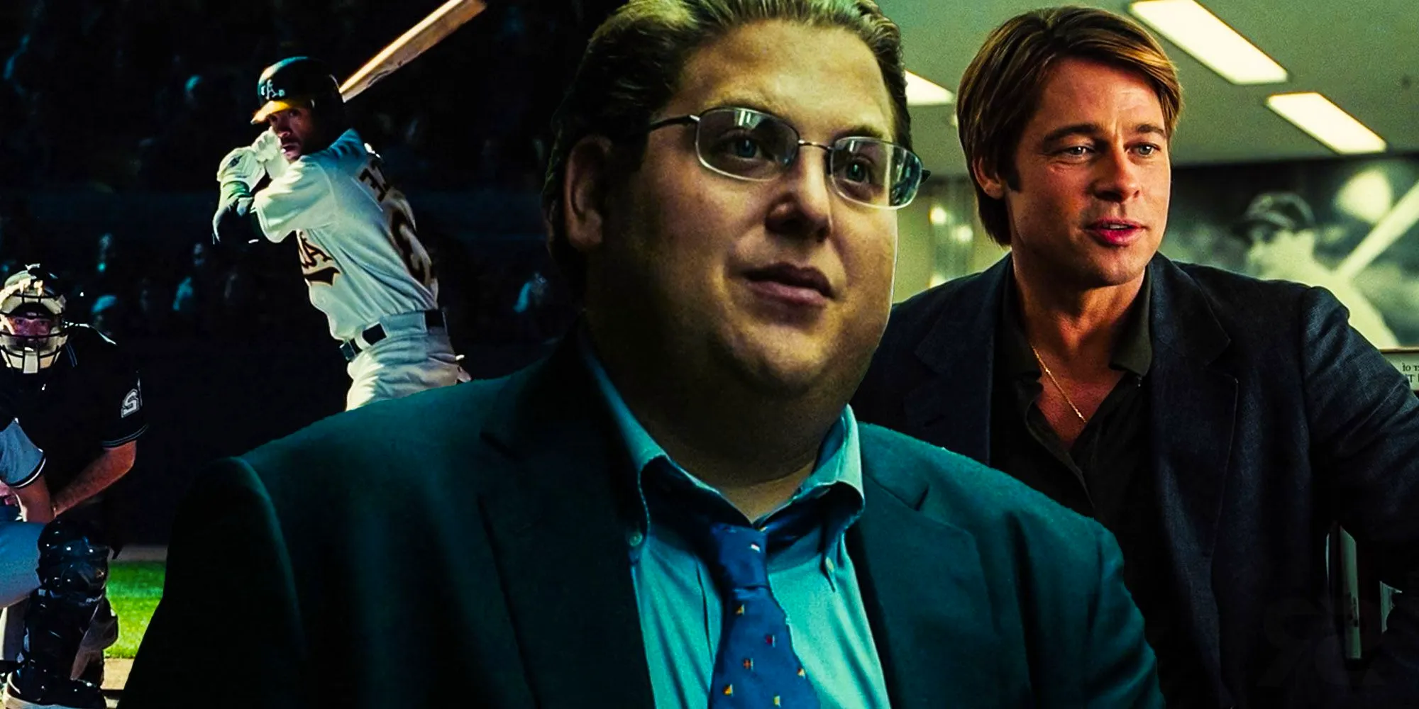 Collage of Brad Pitt, Jonah Hill, and an Oakland A's batter in Moneyball Image