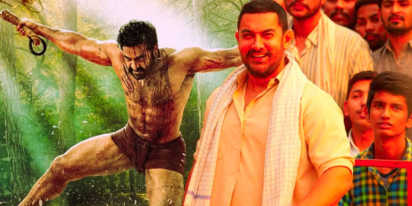 Collage of characters from Dangal smiling and a man from RRR holding two ropes and gimacing. Image