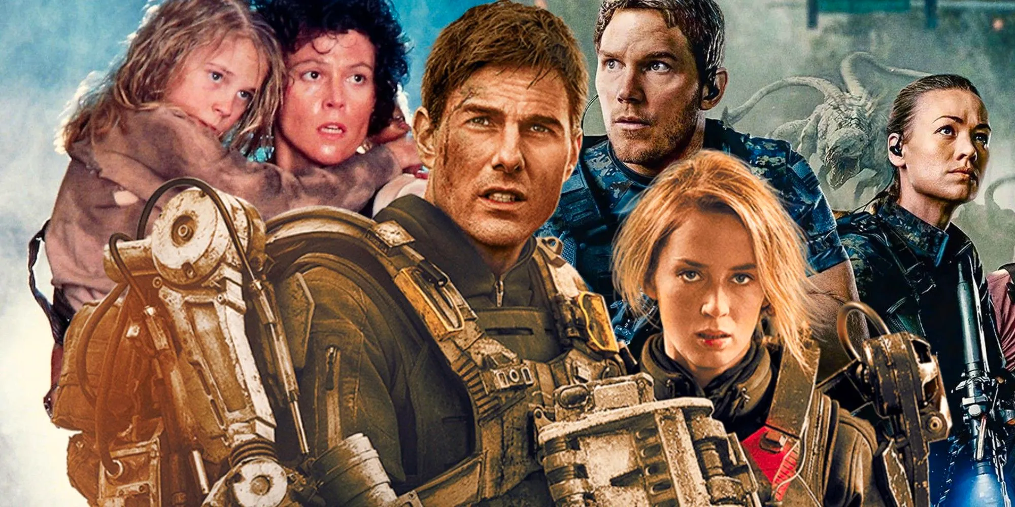 Collage of characters from The Tomorrow War, Edge of Tomorrow, and Aliens Image