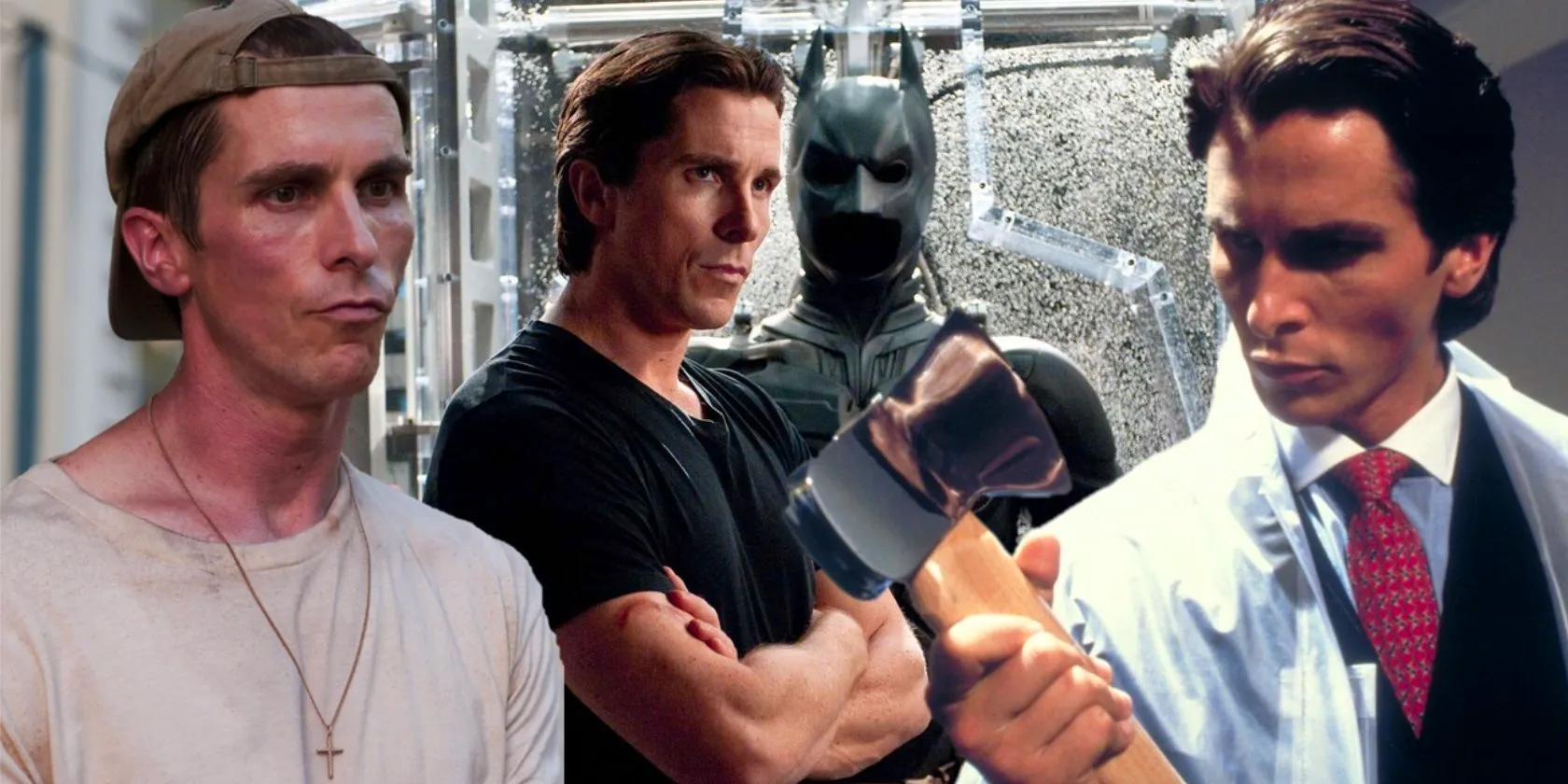 Collage of Christian Bale in American Psycho, The Dark Knight, and The Fighter Image