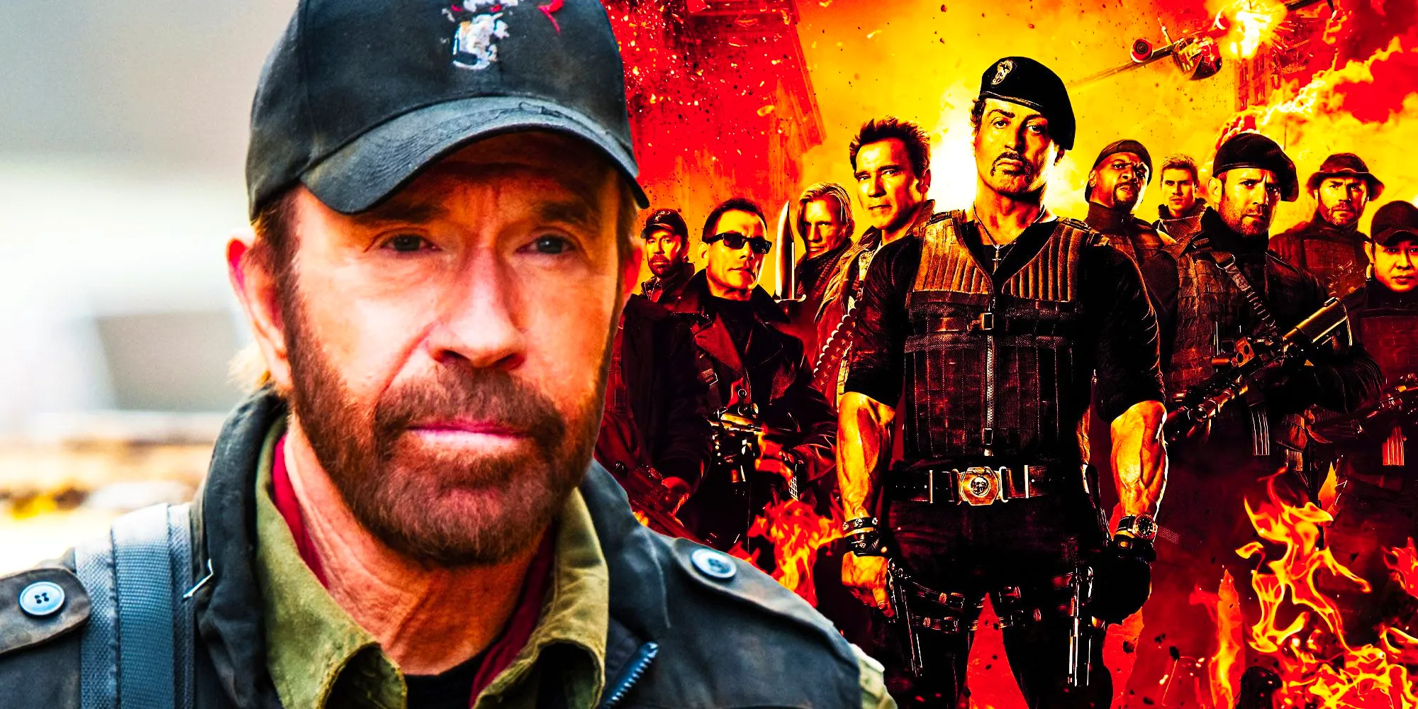 Collage of Chuck Norris and the Expendables cast Image