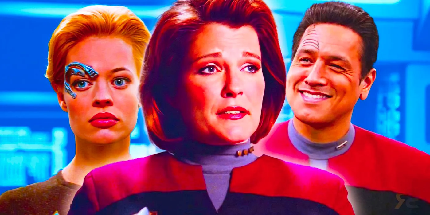 Collage of Commander Chakotay (Robert Beltran), Captain Janeway (Kate Mulgrew) and Seven of Nine (Jeri Ryan) from Star Trek: Voyager. Image