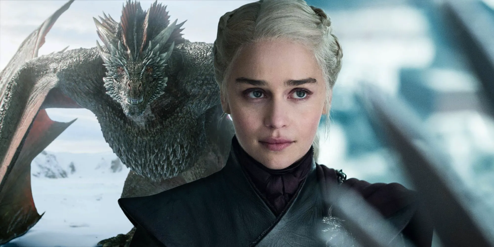 Collage of Daenerys Targaryen up front and Drogon lurking in the background Image