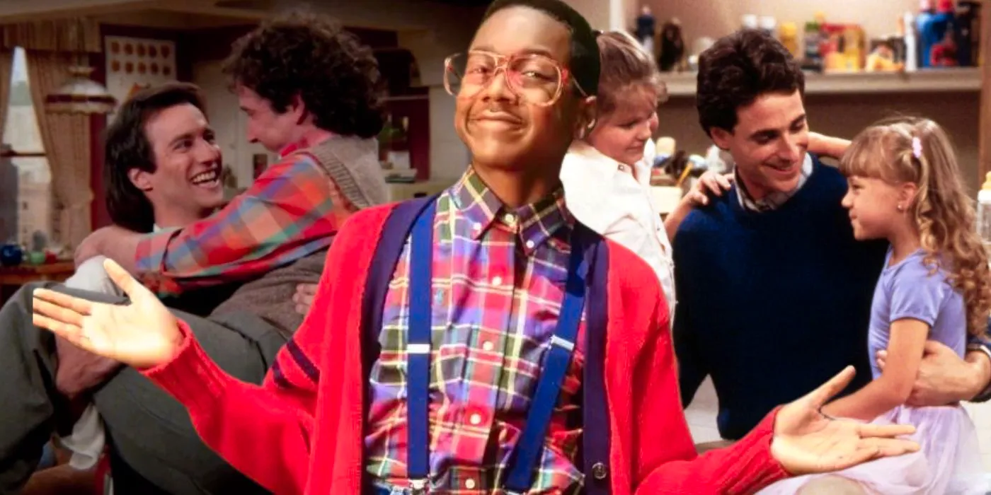 Collage of Danny with his daughters in Full House, a closeup of Steve Urekl from Family Matters, and Balki holding Larry in Perfect Strangers Image