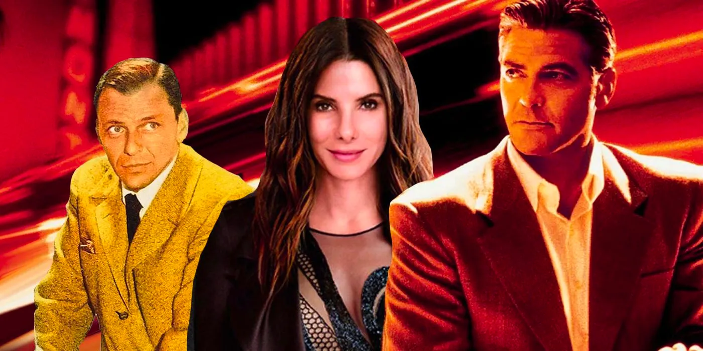 Collage of George Clooney, Sandra Bullock and Fran Sinatra in the Ocean's movies Image