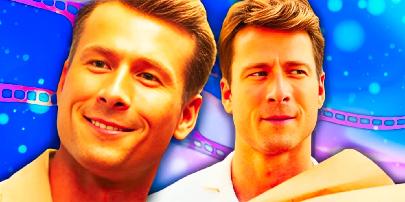 Collage of Glen Powell In front of a Pink Film Strip Image