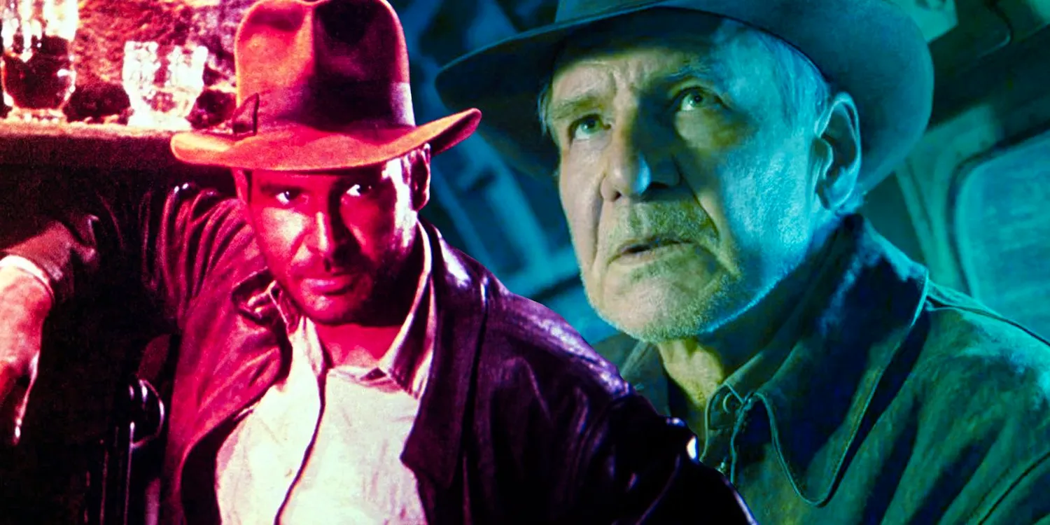 Collage of Harrison Ford as Indiana Jones in Dial of Destiny and Raiders of the Lost Ark Image