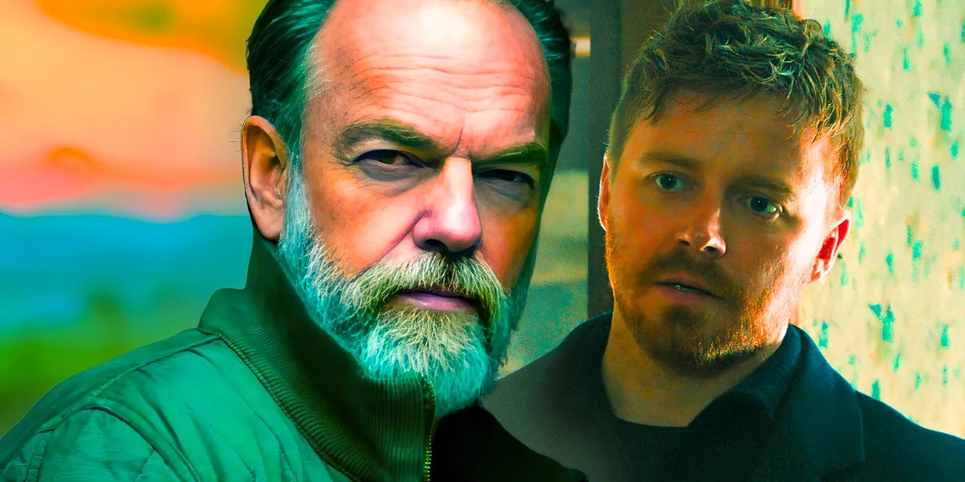 Collage of Hugo Weaving as Frank Harkness looking serious and Jack Lowden as River Cartwright looking stressed in Slow Horses season 4 Image