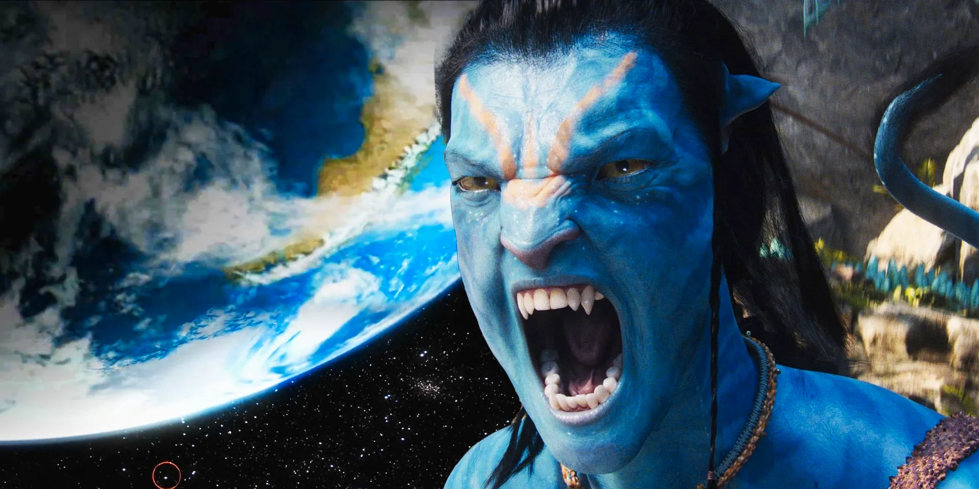 Collage of Jake Sully (Sam Worthington) screaming with Earth in the background in Avatar Image