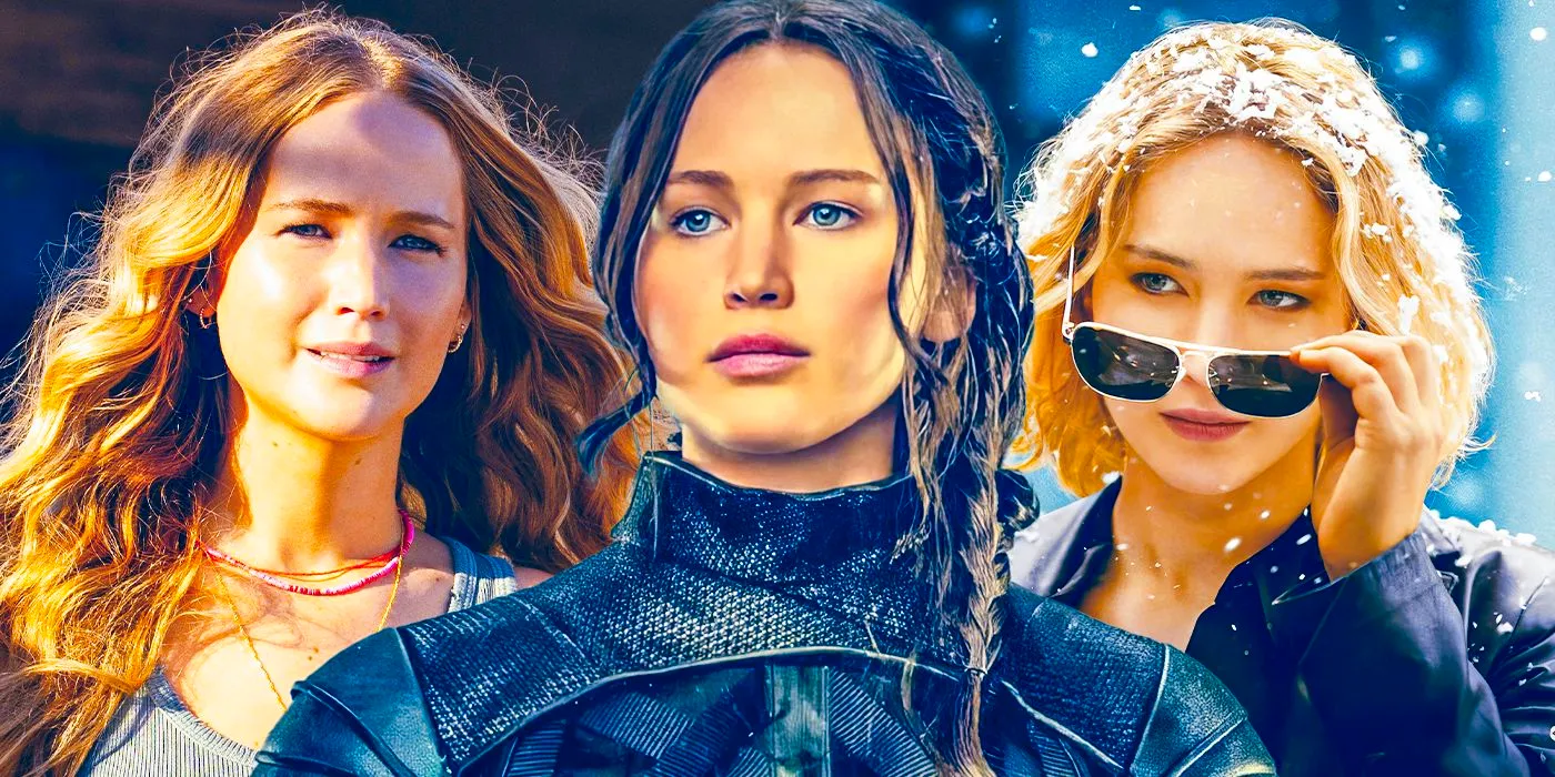 Collage of Jennifer Lawrence movie roles, from (left to right) Joy, The Hunger Games, and No Hard Feelings. Image