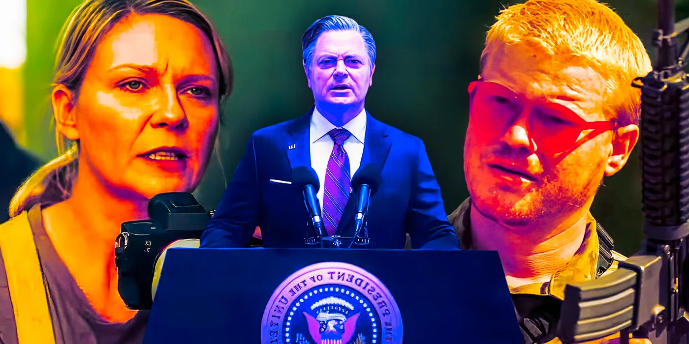 Collage of Jesse Plemons, Nick Offerman, and Kirsten Dunst in Civil War Image