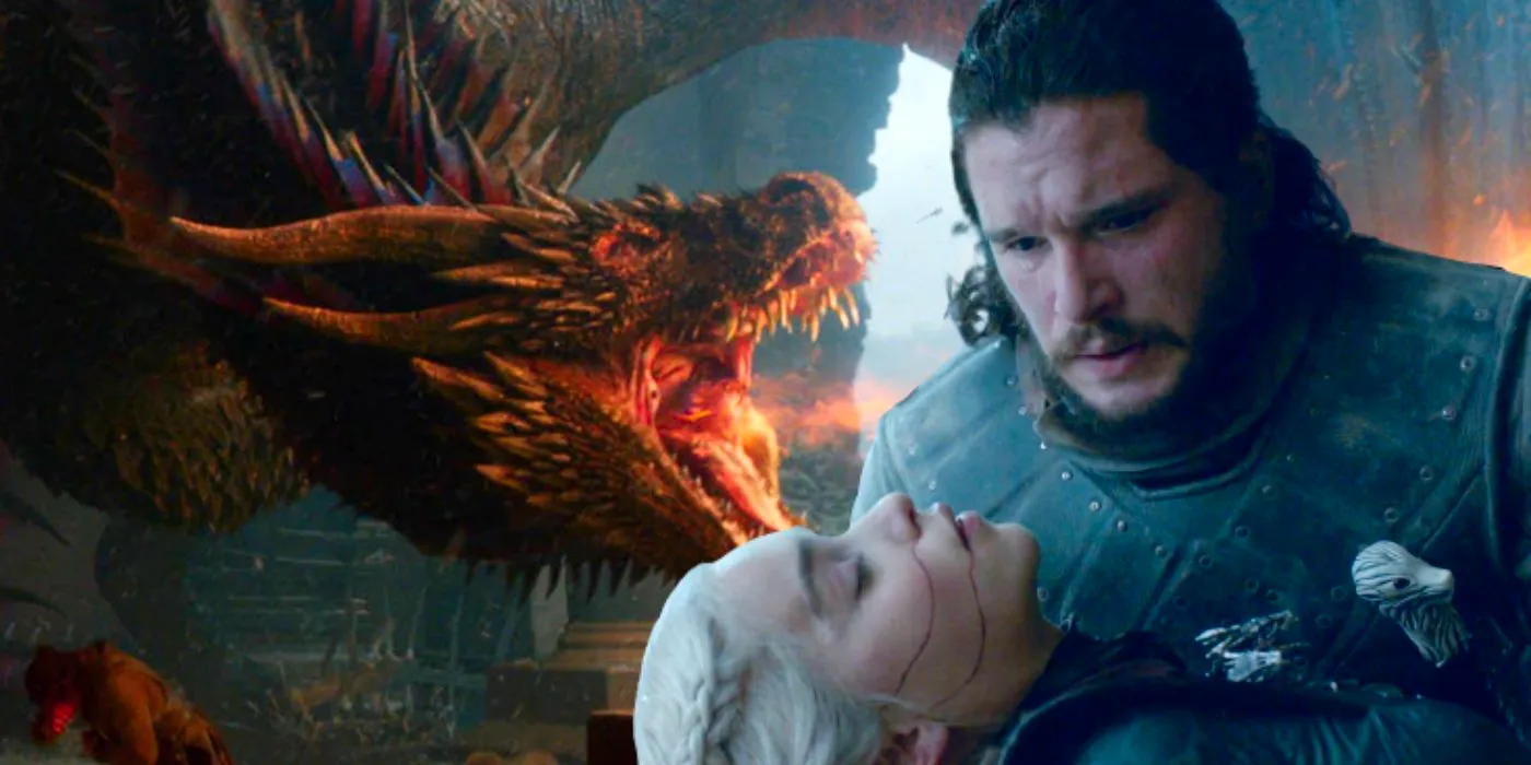 Collage of Jon Snow holding a dead Daenerys Targaryen with Drogon breathing fire in the background in Game of Thrones Image