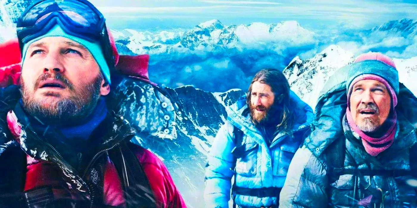 Collage of Josh Brolin as Beck Weathers, Jake Gyllenhaal as Scott Fischer, and Jason Clarke as Rob Hall looking up at Everest Image