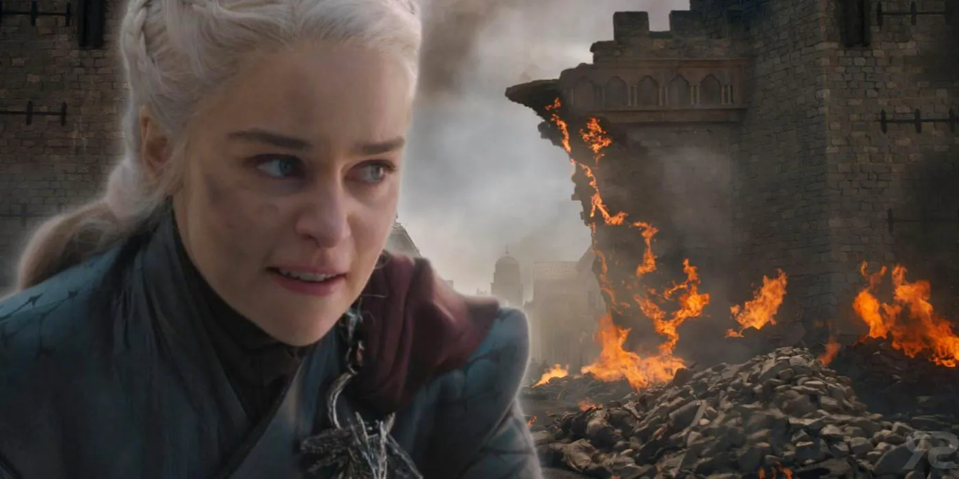 Collage of King's Landing burning and an angry Daenerys Targaryen Image