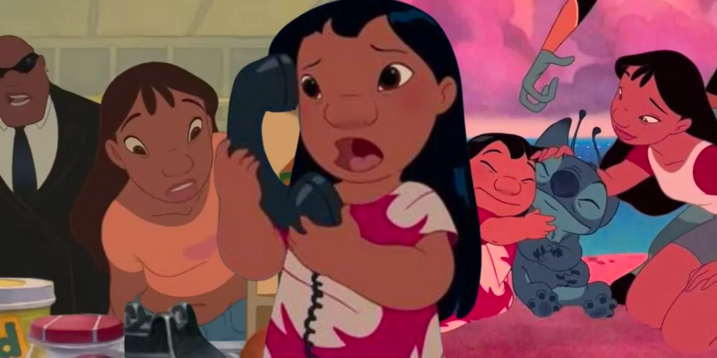 Collage of Lilo and Nani hugging Stitch, Lilo on the phone, and Nani looking concerned in Lilo & Switch Image