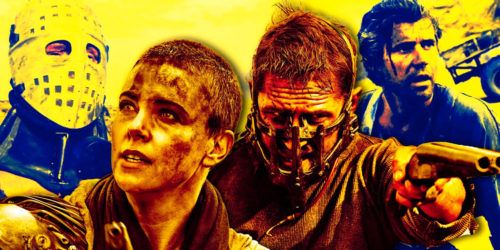 Collage of Mad Max characters includes actors Mel Gibson, Tom Hardy, and Charlize Theron Image