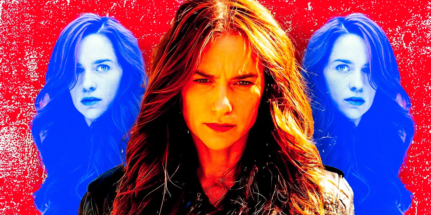 Collage of Melanie Scrofano as Wynonna Earp looking serious in Wynonna Earp show Image