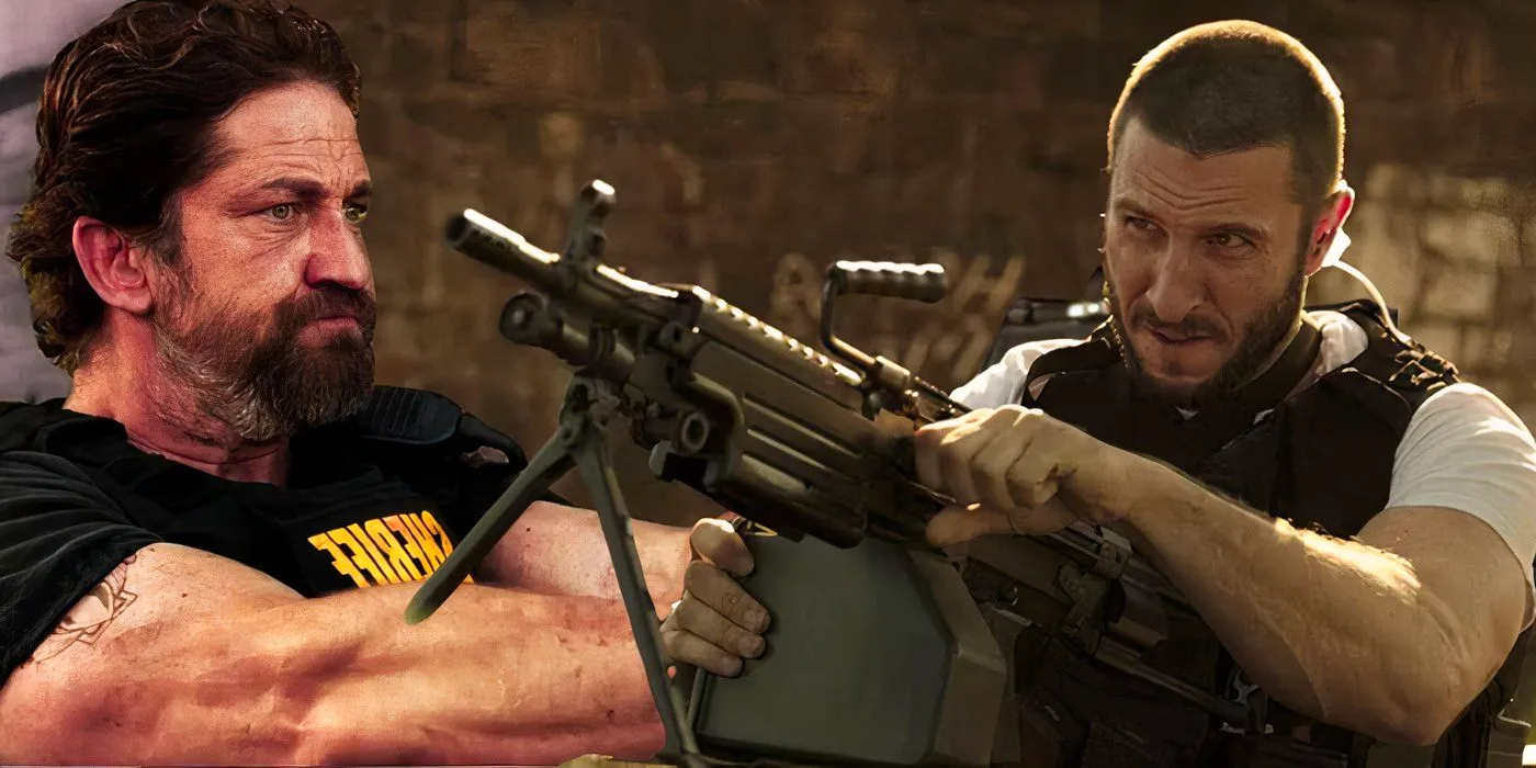 Collage of Merrimen loading a gun and Nick shooting a gun in Den of Thieves Image