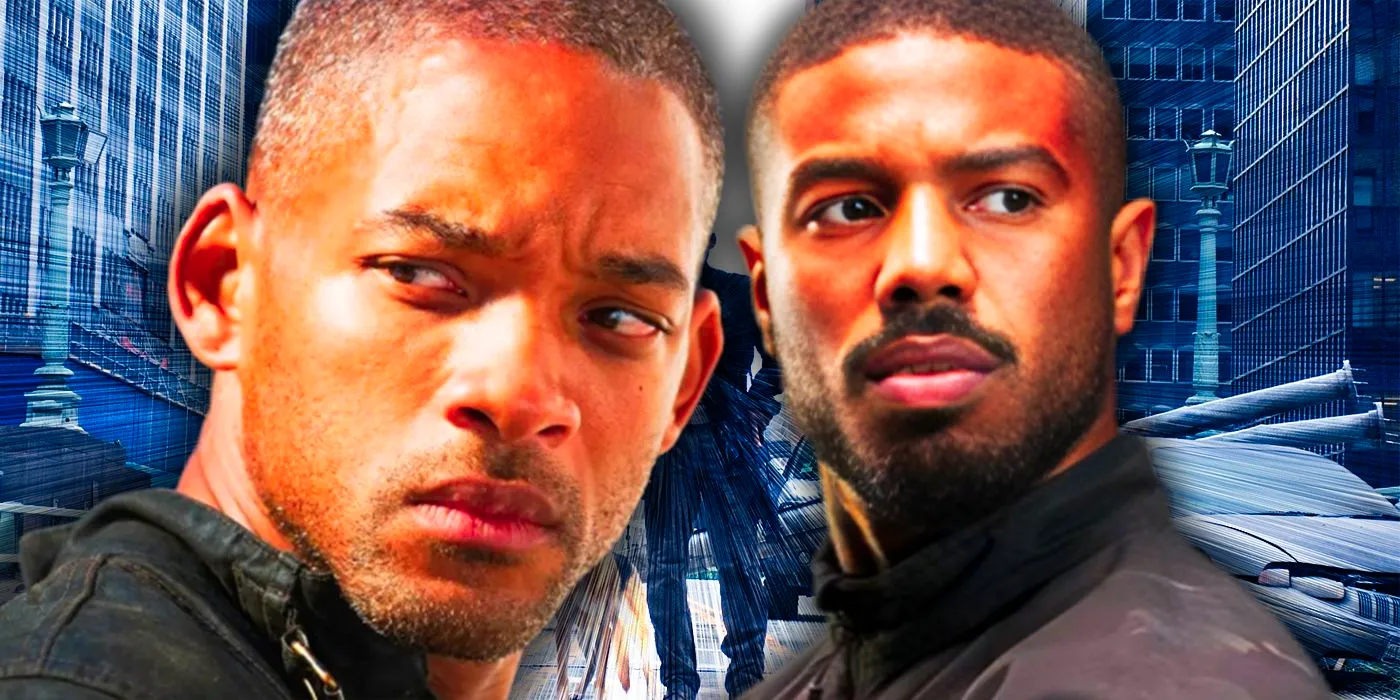 Collage of Michael B Jordan and Will Smith in Front of an I Am Legend Still Image