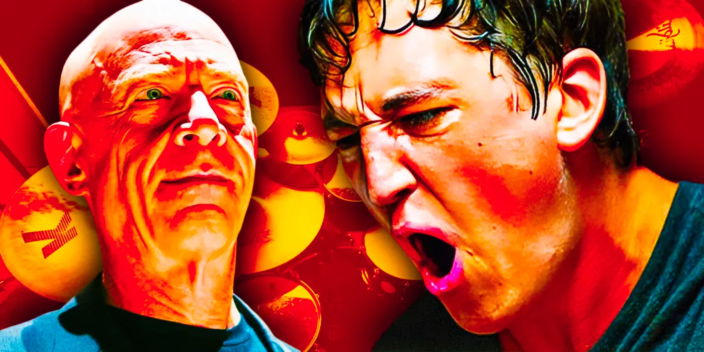 Collage of Miles Teller as Andrew screaming and J.K. Simmons as Fletcher smiling wickedlyin Whiplash. Image