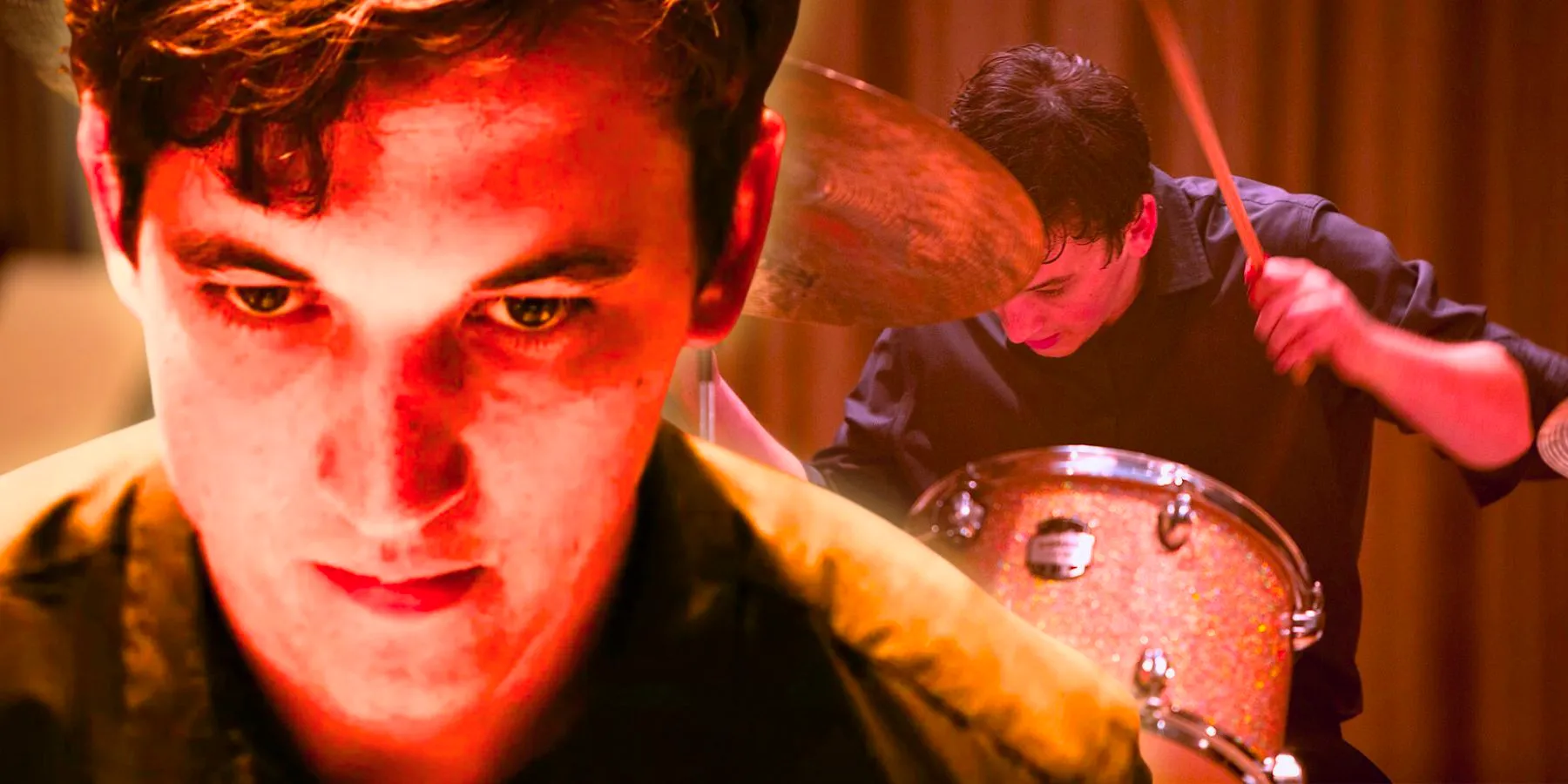 Collage of Miles Teller drumming in Whiplash and a closeup of him Image