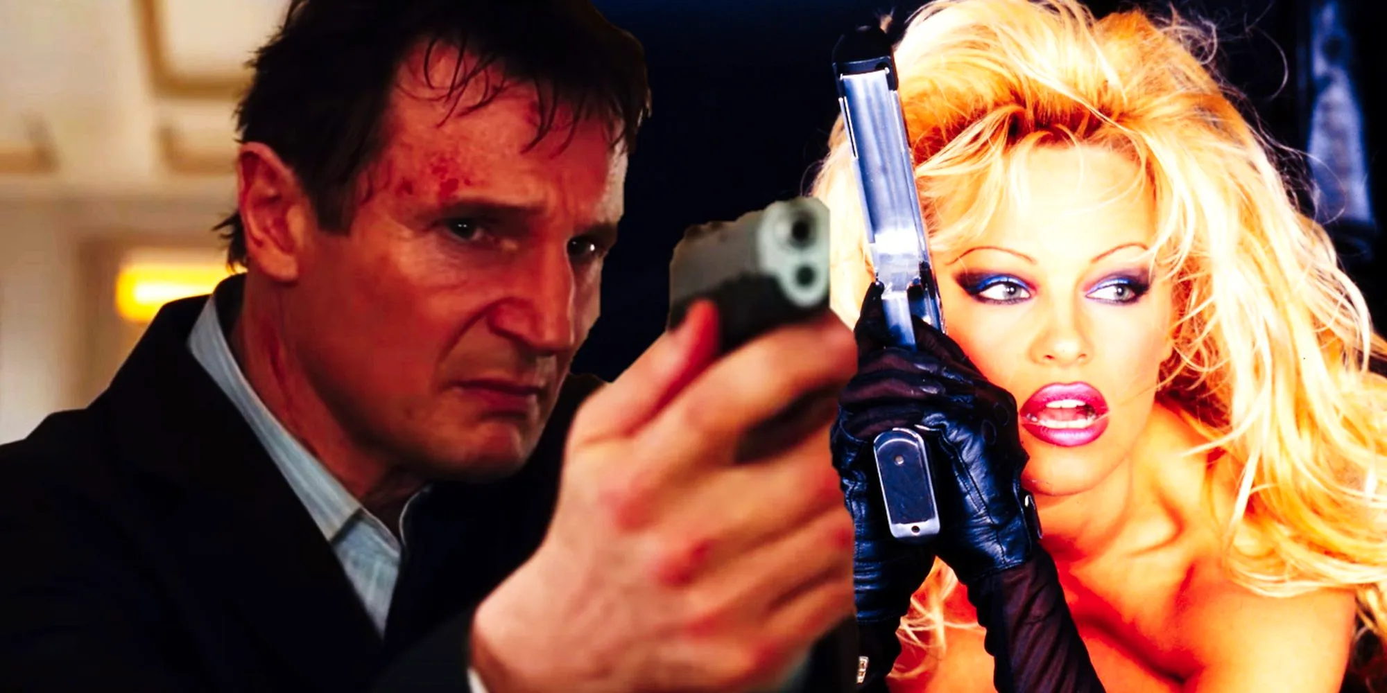 Collage of Pamela Anderson in Barb Wire and Liam Neeson in Taken Image